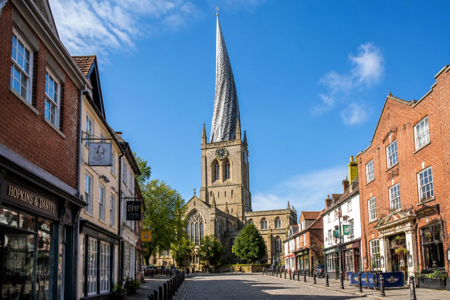 The famous Crooked Spire of St Mary and All Saints Church in Chesterfield town centre