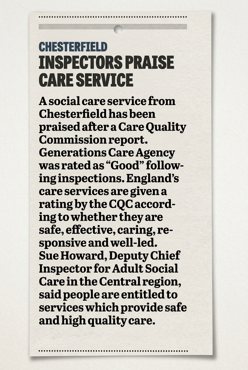Newspaper clipping headline: Chesterfield inspectors praise care service