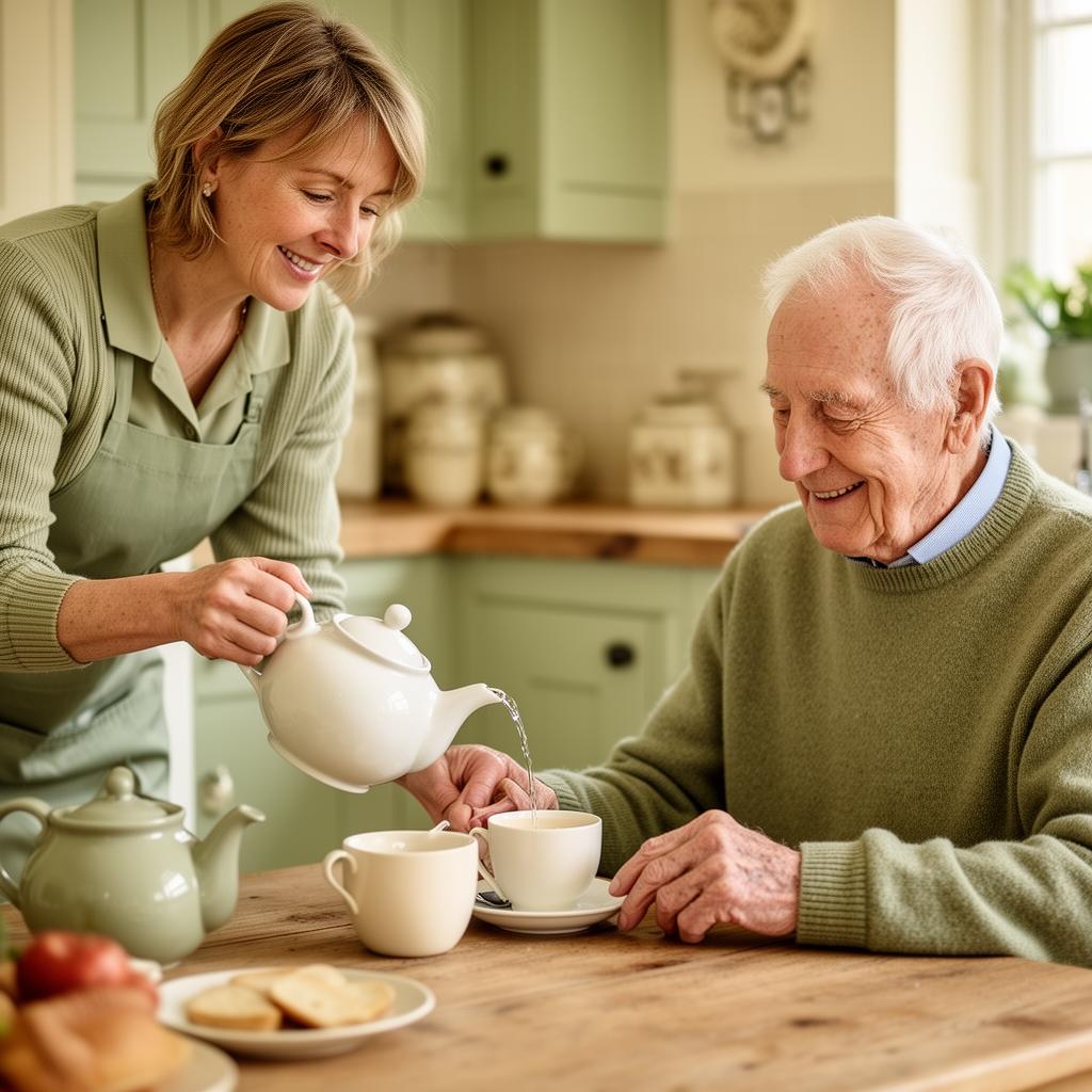 Local Chesterfield carer pouring tea for an elderly gentleman in his kitchen