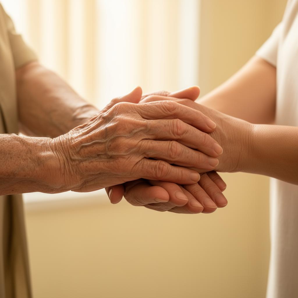 Local Chesterfield caregiver gently holding the hands of an elderly client