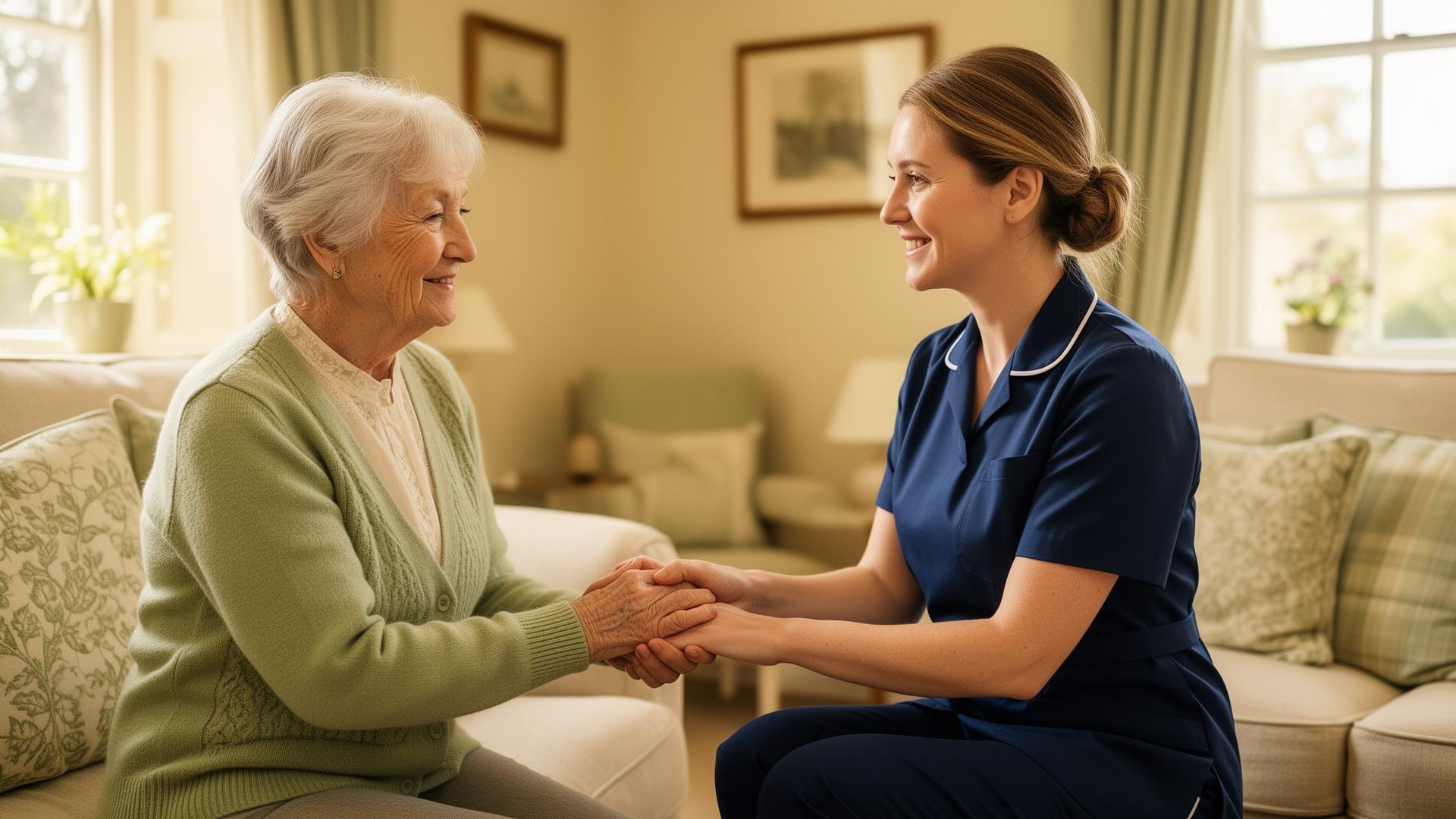 A kind Chesterfield home carer holding hands with an elderly woman in her sunlit living room